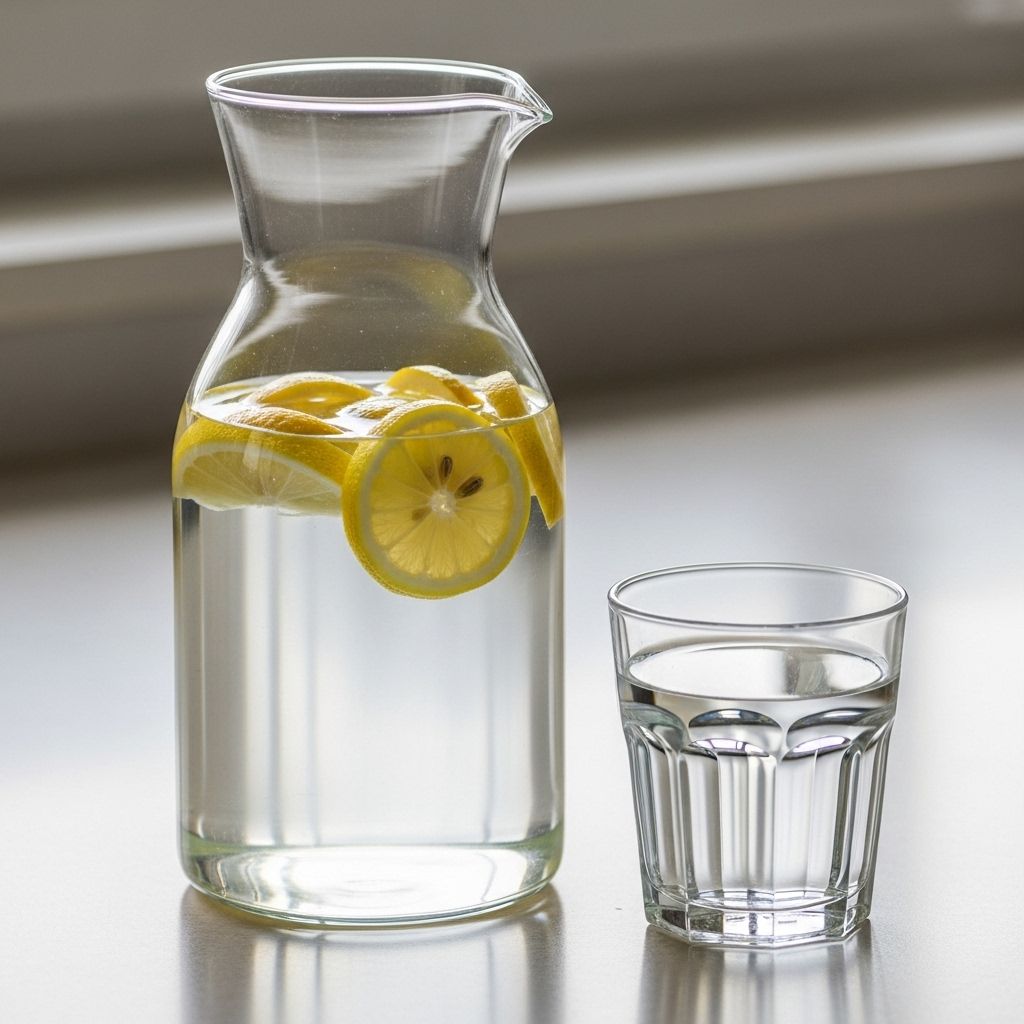 Glaskaraff med friskt vatten och citronskivor på ett ljust köksunderlag, bredvid ett genomskinligt glas fyllt med vatten, i naturligt dagsljus