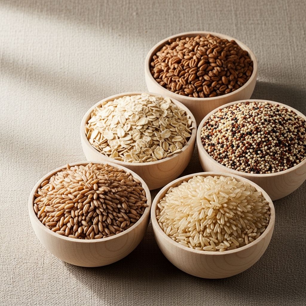 Fullkornsprodukter som havre, råg, quinoa och brunt ris i träskålar på en naturlig linne bakgrund med mjukt ljus