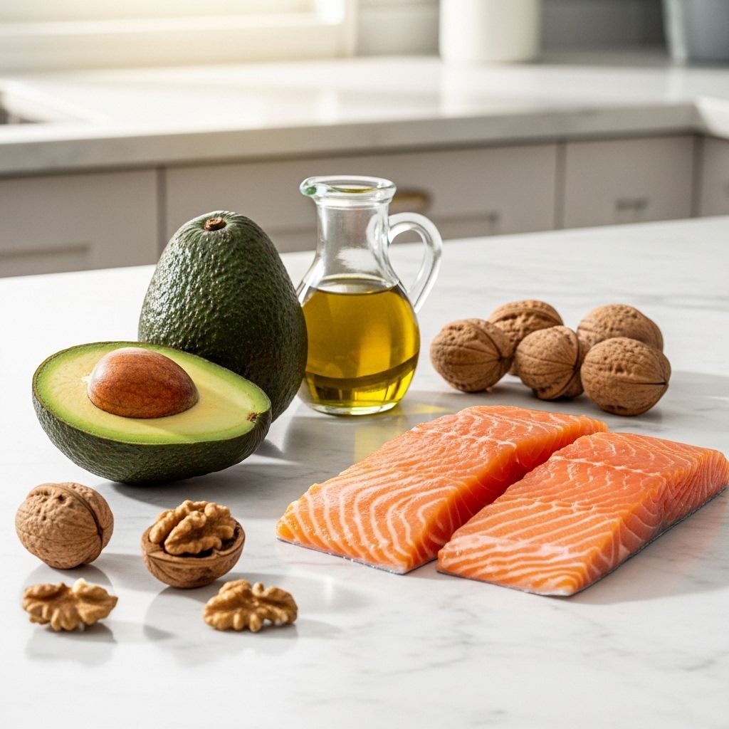 Hälsosamma fettkällor som avokado, olivolja, valnötter och laxbitar placerade på en marmorbänk i ett välbelyst kök