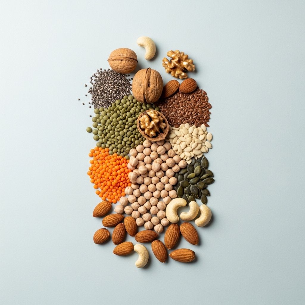 Naturliga proteinkällor som linser, kikärtor, nötter och frön arrangerade på en ljus bakgrund i en minimalistisk komposition