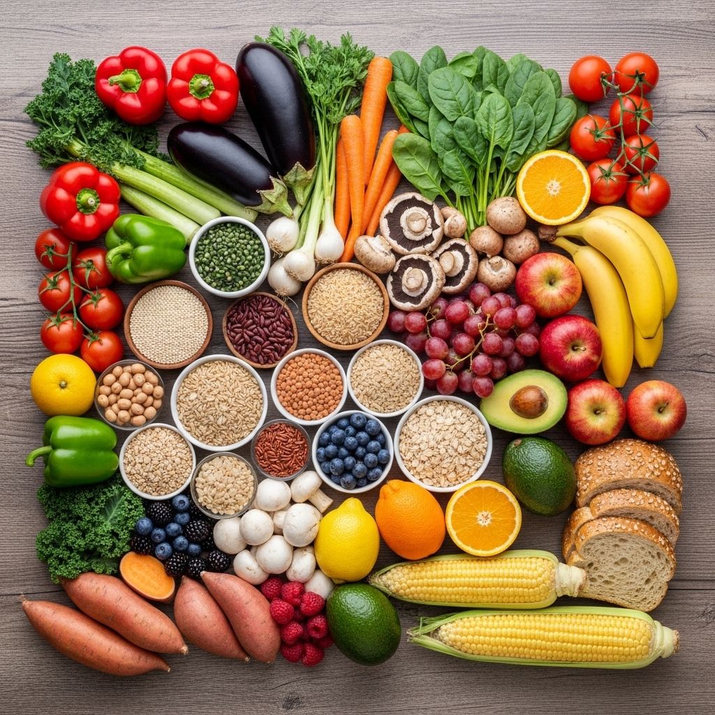 Bred uppställning av färgrika grönsaker, frukter och fullkornsprodukter arrangerade i ett välordnat mönster på ett träbord som illustrerar kostvariationens mångfald