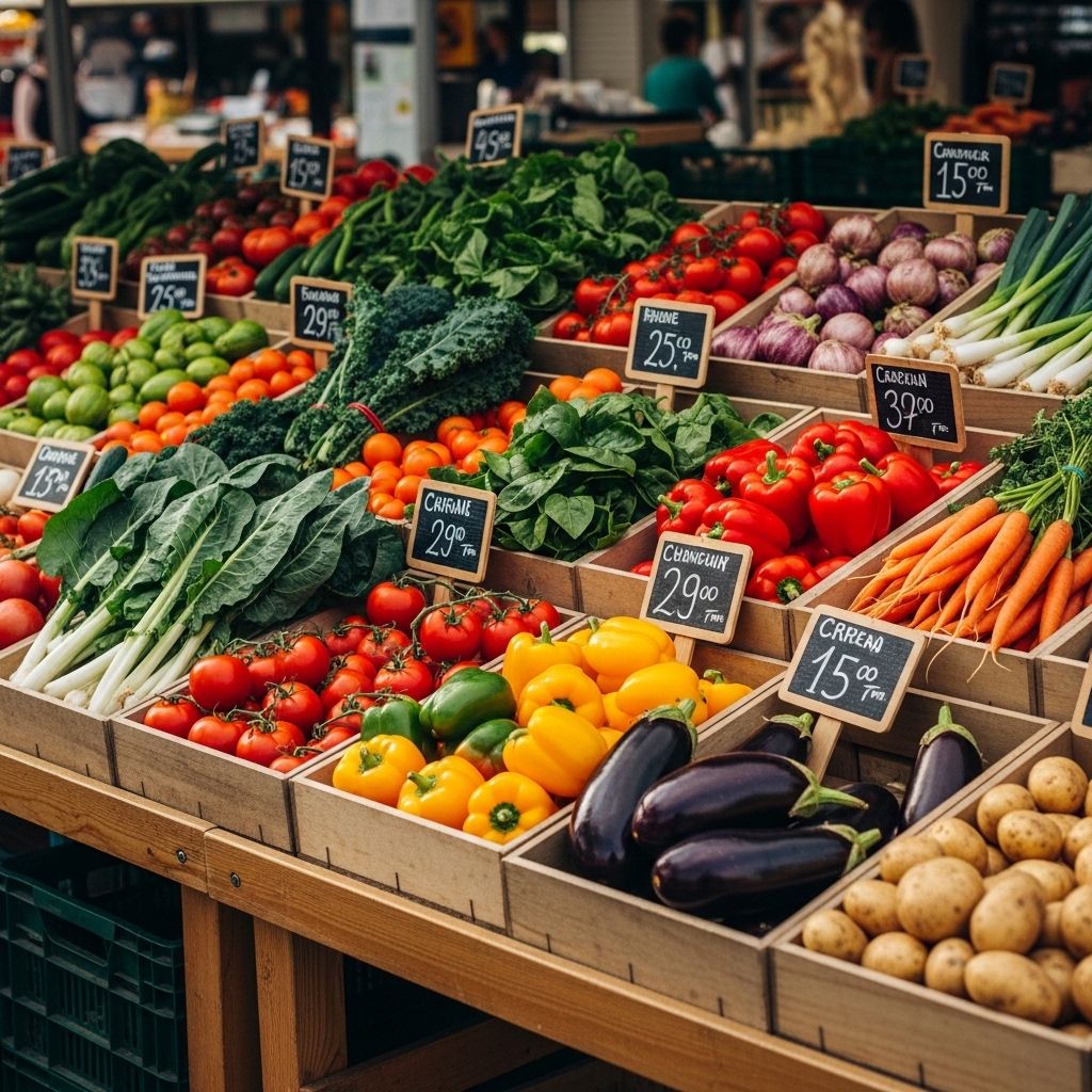 Färgrik ekologisk bondmarknad med färska lokalt odlade grönsaker i trälådor, med handskrivna prisskyltar och naturliga material i soligt utomhusljus