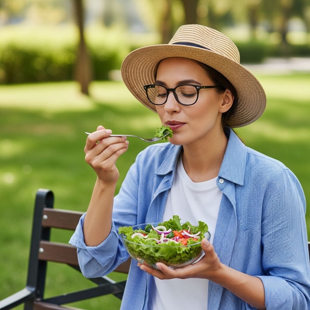 Person som äter en färsk sallad utomhus i en parkliknande miljö, omgiven av grönska och naturligt ljus, med ett avslappnat och lugnt uttryck